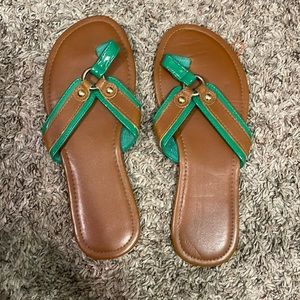 Green and brown leather sandals, Size 7